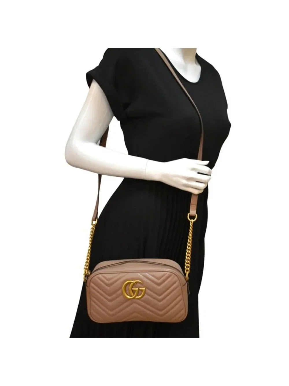Pre-owned Gucci Matelasse GG Marmont Chain Calfskin Small Crossbody Bag Porcelai